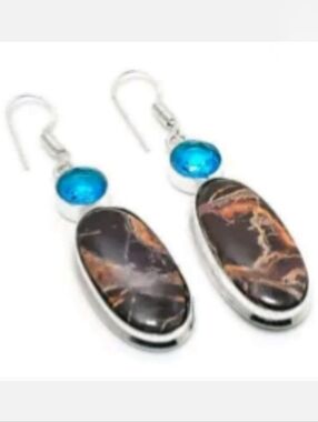 Chocolate Jasper, Blue Topaz Gemstone 925 Sterling Silver Drop Dangle Earrings